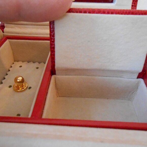 VTG Red Pebbled Leather Double Handled Jewelry Case-Divided Sections Mirror-Nice - Picture 6 of 10